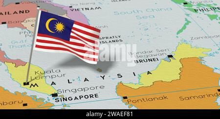 Malaisie, Kuala Lumpur - drapeau national épinglé sur la carte politique - illustration 3D. Banque D'Images