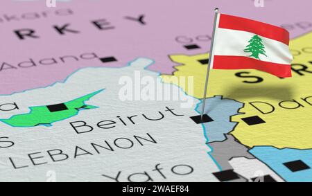 Liban, Beyrouth - drapeau national épinglé sur la carte politique - illustration 3D. Banque D'Images