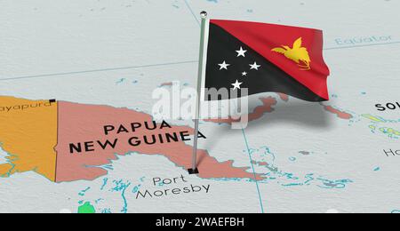 Papouasie-Nouvelle-Guinée, Port Moresby - drapeau national épinglé sur la carte politique - illustration 3D. Banque D'Images