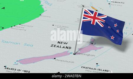 Nouvelle-Zélande, Wellington - drapeau national épinglé sur la carte politique - illustration 3D. Banque D'Images