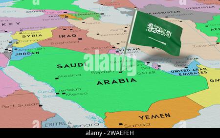 arabie Saoudite, Riyad - drapeau national épinglé sur la carte politique - illustration 3D. Banque D'Images