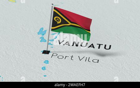 Vanuatu, Port Vila - drapeau national épinglé sur la carte politique - illustration 3D. Banque D'Images