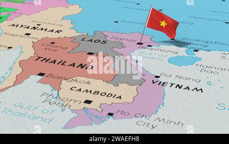 Vietnam, Hanoi - drapeau national épinglé sur la carte politique - illustration 3D. Banque D'Images