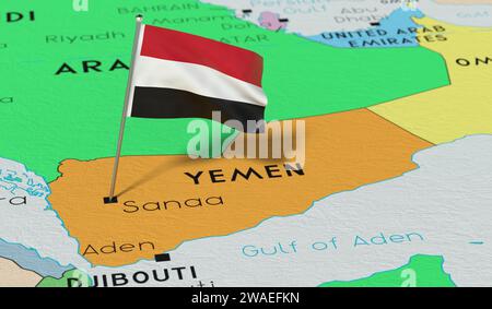 Yémen, Sanaa - drapeau national épinglé sur la carte politique - illustration 3D. Banque D'Images