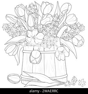 Bouquet de tulipes et de jacinthes dans une illustration vectorielle de seau en bois. Noir et blanc. Coloriage pour art-thérapie. Illustration vectorielle Illustration de Vecteur