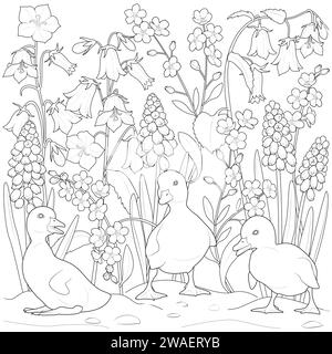 Canetons jouant dans le jardin fleuri. Noir et blanc. Coloriage pour art-thérapie. Illustration vectorielle Illustration de Vecteur