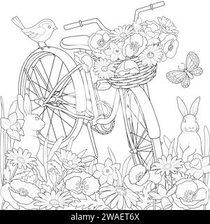 dans une prairie fleurie avec des lapins. Illustration en noir et blanc pour colorier. Coloriage pour art-thérapie. Illustration vectorielle Illustration de Vecteur