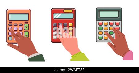 Ensemble de différentes mains tenant, à l'aide de la calculatrice. Illustration de Vecteur