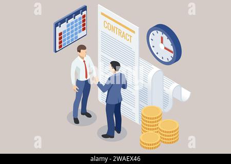 Les gens d'affaires négociant un contrat. Mains humaines travaillant avec des documents sur le bureau et signant le contrat. Illustration de Vecteur