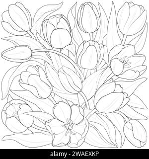 Tulipes fond botanique. Style Boho vintage pour la page de coloriage, art mural, tissu, invitation de mariage, conception de couverture noir et blanc. Art au trait floral Illustration vectorielle. Illustration de Vecteur