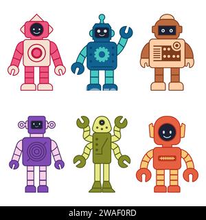 Définissez des icônes de ligne de robots enfantins amusants de dessin animé heureux. Cyborg de technologie de machine. Jeu de caractères humanoïdes futuristes. Robotique scientifique, compatible Android Illustration de Vecteur