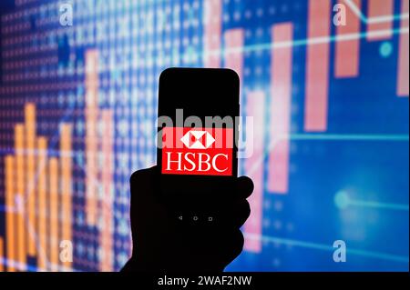 Pologne. 04 janvier 2024. Sur cette photo, un logo HSBC est affiché sur un smartphone avec des pourcentages boursiers à l'arrière-plan. Crédit : SOPA Images Limited/Alamy Live News Banque D'Images