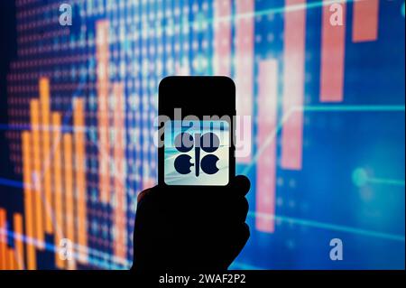 Pologne. 04 janvier 2024. Dans cette illustration photo, le logo de l'OPEP est affiché sur un smartphone avec des pourcentages boursiers sur le fond. Crédit : SOPA Images Limited/Alamy Live News Banque D'Images