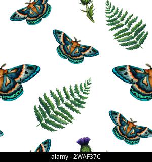 Aquarelle motif sans couture bleu vert mite et fougère sur fond blanc. Illustration peinte à la main papillon de nuit impérial. Insecte pour la conception de Banque D'Images