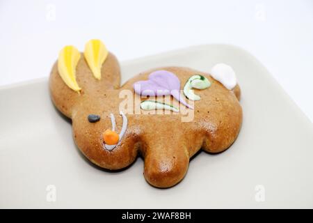 Biscuit de Pâques en forme de lapin sur la plaque gros plan. Prise de vue en studio. Banque D'Images