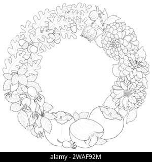 Bordure décorative de couronne d'automne avec dahlias et feuilles de chêne, baie de rose musquée et kakis. Noir et blanc. Coloriage pour art-thérapie. Illustration vectorielle Illustration de Vecteur