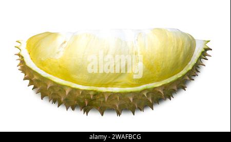 Gros plan d'une seule partie de chair de durian jaune mûr avec coquille est isolé sur fond blanc avec chemin de découpage. Banque D'Images