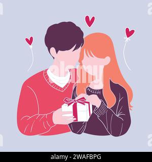 Couples romantiques isolés sur fond blanc, portraits d'homme et de femme amoureux embrassant, câlinant et embrassant. Illustration vectorielle dessinée à la main pour va Illustration de Vecteur