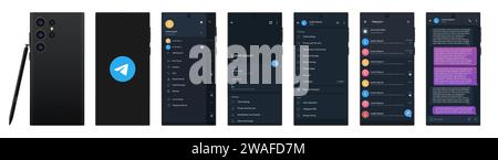 Maquette de télégramme dans Samsung Galaxy s23 ultra. Logo Telegram. Définissez le modèle d'interface de réseau social et de réseau social sur l'écran de télégramme. Thème sombre. Telegr Illustration de Vecteur
