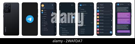 Maquette de télégramme dans Xiaomi Redmi11T. Logo Telegram. Définissez le modèle d'interface de réseau social et de réseau social sur l'écran de télégramme. Thème sombre. Bouton télégramme Illustration de Vecteur