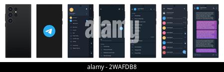 Maquette de télégramme dans Samsung Galaxy s23 ultra. Logo Telegram. Définissez le modèle d'interface de réseau social et de réseau social sur l'écran de télégramme. Thème sombre. Telegr Illustration de Vecteur
