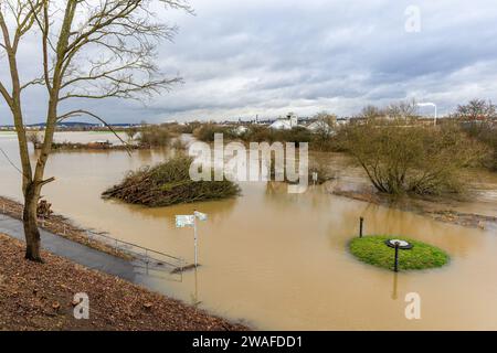 04 janvier 2024, Hesse, Gießen : le Lahn a fait éclater ses banques. Les prairies et les champs sur la rive ouest de la rivière sont également inondés. Photo : Christian Lademann/dpa Banque D'Images