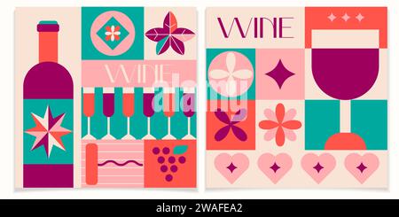 Conception de couverture d'invitation de dégustation de vin dans le style géométrique. Bon pour l'image de marque, la décoration, l'impression décorative, le menu d'alcool. Concept de modèle de vin Illustration de Vecteur
