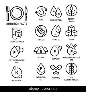 Indicateurs de nutrition en noir. Ingrédients quotidiens et micronutriments en comprimés. Illustration de Vecteur