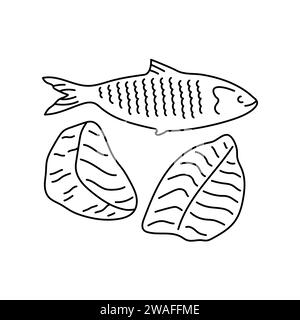 Poisson tiré à la main : thon, filet, élément de couleur hareng. Nourriture non transformée de bande dessinée. Illustration vectorielle isolée. Illustration de Vecteur