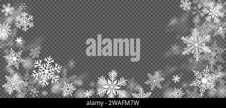 Flocons de neige blancs sur fond transparent. Illustration vectorielle blizzard de neige. Illustration de Vecteur