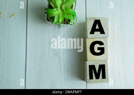 Concept des cubes en bois avec le mot AGM sur fond en bois. Banque D'Images