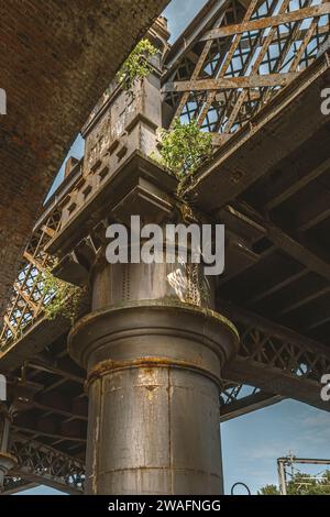 Détail d'un pont de rail en acier soutenu par un grand pilier métallique. Concept de force, de connectivité, de support ou de voyage. Banque D'Images