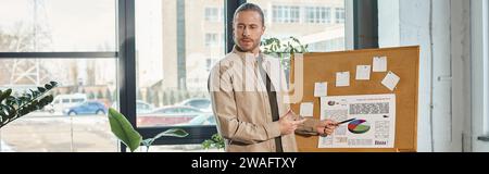 homme d'affaires moderne pointant au tableau de conférence avec des infographies dans le bureau moderne, bannière horizontale Banque D'Images