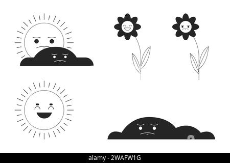 Saisons météorologiques changeant les caractères de dessin animé en ligne 2D noir et blanc Illustration de Vecteur