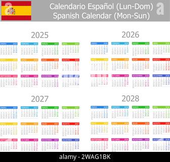 2025-2028 calendrier espagnol type-1 mon-Soleil sur fond blanc Illustration de Vecteur