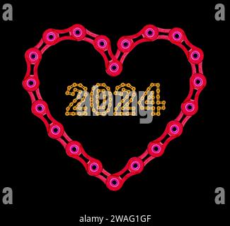 Un coeur fait de maillons de chaîne rouges avec 2024 Happy New Year sur fond noir Banque D'Images