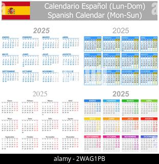 2025-2028 calendrier espagnol type-1 mon-Soleil sur fond blanc Illustration de Vecteur