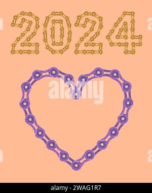 Un coeur violet fabriqué à partir de maillons de chaîne avec doré 2024 Happy New Year sur fond de couleur 13-1023 Peach Fuzz de l'année Banque D'Images