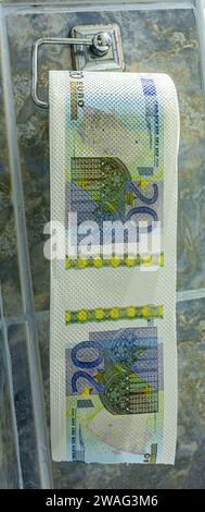 Papier toilette pour les billets de banque en rouleau d'argent dans la salle de bains Banque D'Images