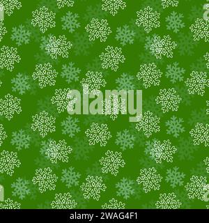 Motif sans couture de dessin animé avec des flocons de neige aquarelle de différentes tailles et formes sur un fond vert. Conception créative pour enfants pour tissus Banque D'Images