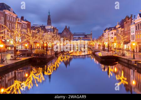 Nuit Leiden canal Oude Rijn et Hôtel de ville dans l'illumination de Noël, Hollande, pays-Bas. Banque D'Images