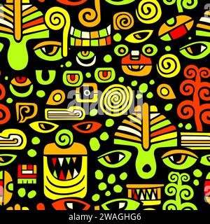 Motif sans couture des visages graphiques abstraits. Ancien masque Inca. dessin à la main. Pas ai . Illustration vectorielle Illustration de Vecteur