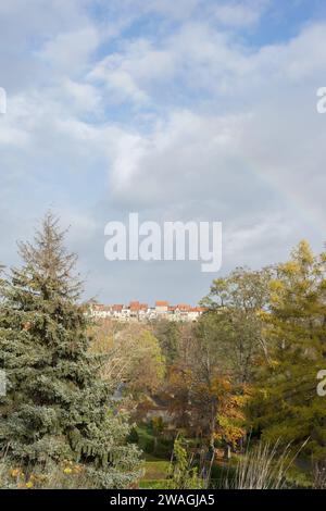 Vue sur le Quedlinburg Münzenberg depuis le Wipertifriedhof Banque D'Images