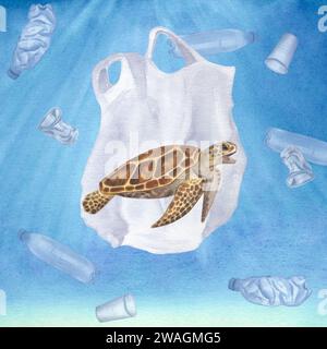 Tortue de mer s'est emmêlée du sac en plastique. Pollution océanique. Great Pacific Garbage Patch. Flacons et tasses bleus transparents jetables. Dessiné à la main Banque D'Images