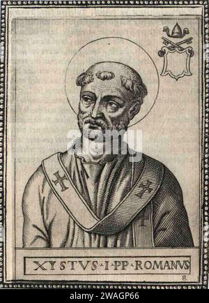 Gravure du 17e siècle du pape Sixte Ier, qui fut pontife de AD115 à AD125. Il était le septième pape et est également connu sous le nom de pape Xyste I. Banque D'Images