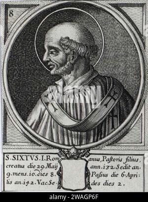 Gravure du 17e siècle du pape Sixte Ier, qui fut pontife de AD115 à AD125. Il était le septième pape et est également connu sous le nom de pape Xyste I. Banque D'Images