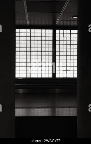 Prise de vue verticale en niveaux de gris de carreaux de verre illuminés dans une station de métro de Cologne, Allemagne Banque D'Images