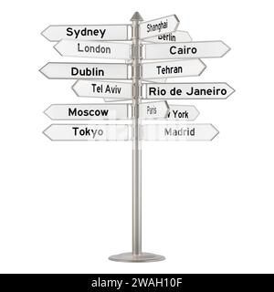 Direction de l'itinéraire avec différentes villes. Panneau avec noms de villes, rendu 3D isolé sur fond blanc Banque D'Images