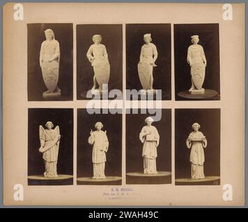 Aperçu de huit sculptures de jeunes hommes avec des objets à la main et un ange, c. 1875 - c. 1900 photographie la rangée du haut montre quatre jeunes hommes avec des armoiries, la rangée du bas montre un ange à gauche, un jeune homme avec une épée, un jeune homme avec un livre et à droite un jeune homme avec un modèle de l'Arche en carton. sculpture photographique imprimée à l'albumine sur support. anges. porteur de bouclier, squire. L'arche  histoire de Noé. hacking et propulser des armes : épée Banque D'Images