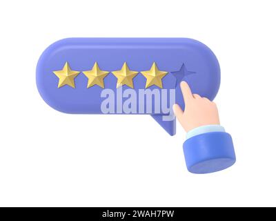 Main de l'utilisateur pointant sur le formulaire de sondage et choisissant l'étoile jaune. Avis client positif cinq étoiles. Feedback en ligne, rendu 3D sur fond blanc. Banque D'Images